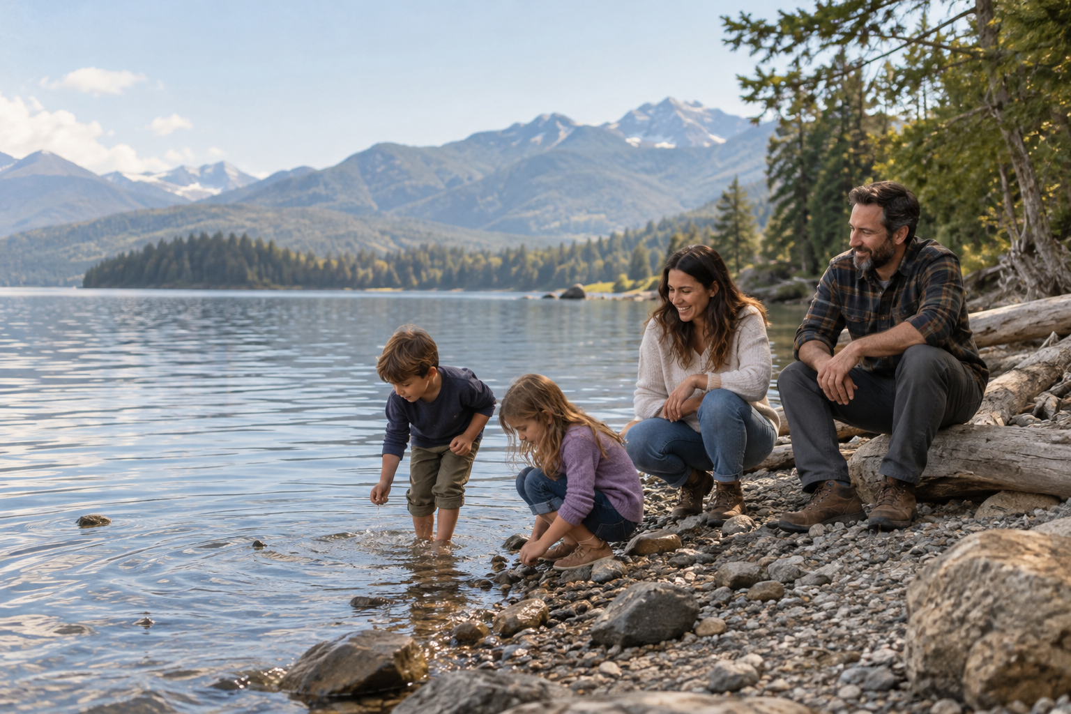 An illustrative family enjoying an unhurried afternoon together beside a lake.